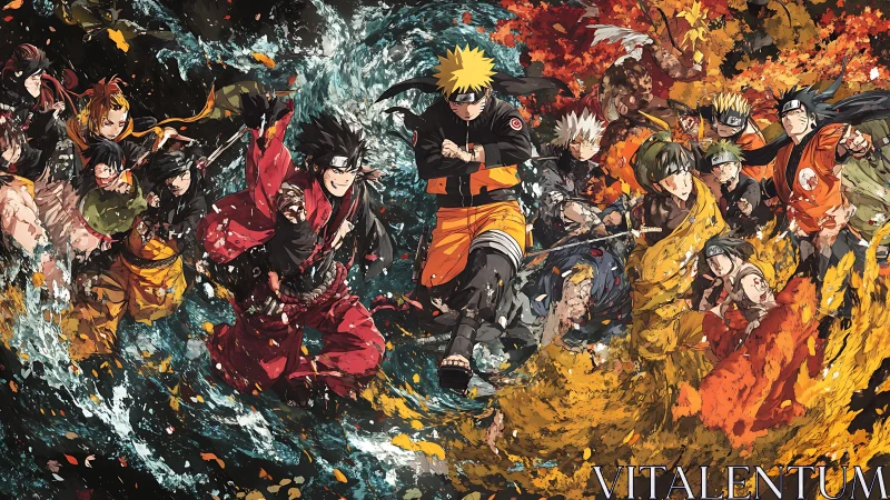 Dynamic ninja charge through swirling elemental chaos.