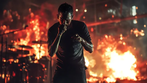 Rock vocalist performing amid stage fire effects.