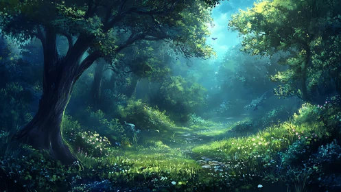 Enchanted Forest Clearing with Ancient Trees and Ethereal Light