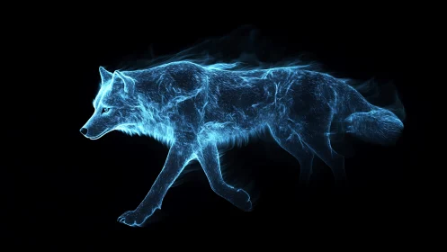 Luminous linear wolf silhouette rendered in blue light trace.