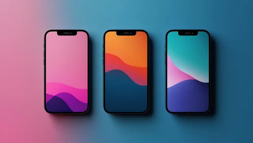 Three Smartphones Display Vibrant Gradient Wallpapers with Fluid Wave Design Elements.