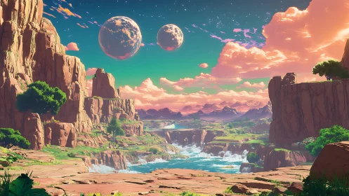 Twin moons glow above a serene canyon of rivers and cliffs