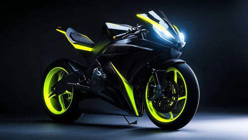 Neon-accented superbike stands under dramatic studio lighting