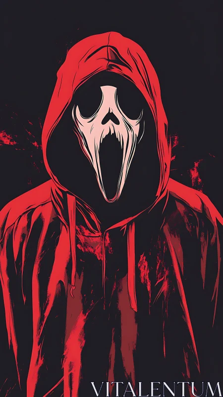 Red hooded reaper figure with screaming skull mask.