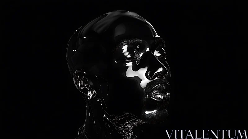 Glossy black 3D portrait of reflective human head profile.