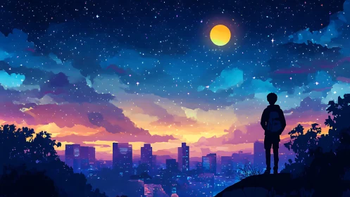 Backlit urban stargazer under chromatic twilight sky.