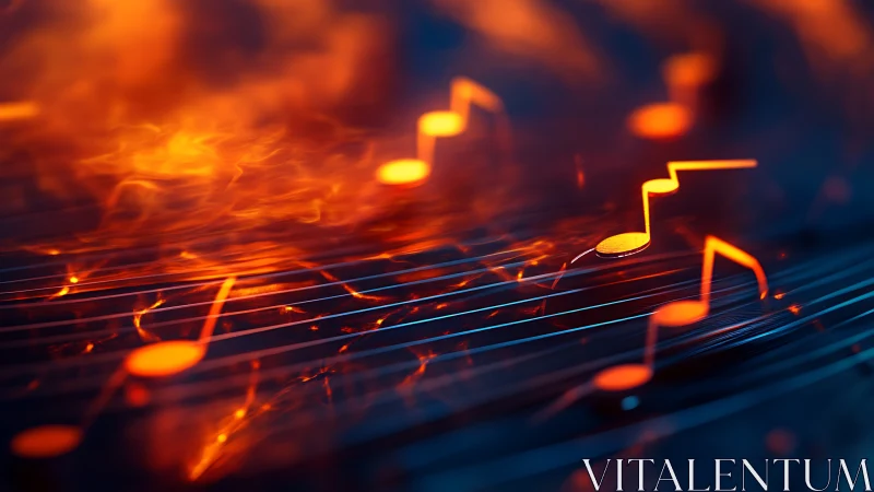 Glowing musical notes float above stylized strings in motion