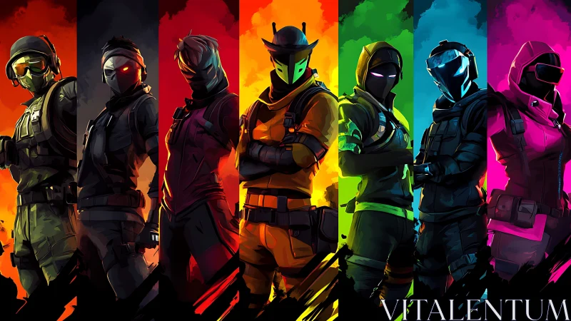 Tactical operators rendered in neon segmented spectrum lineup