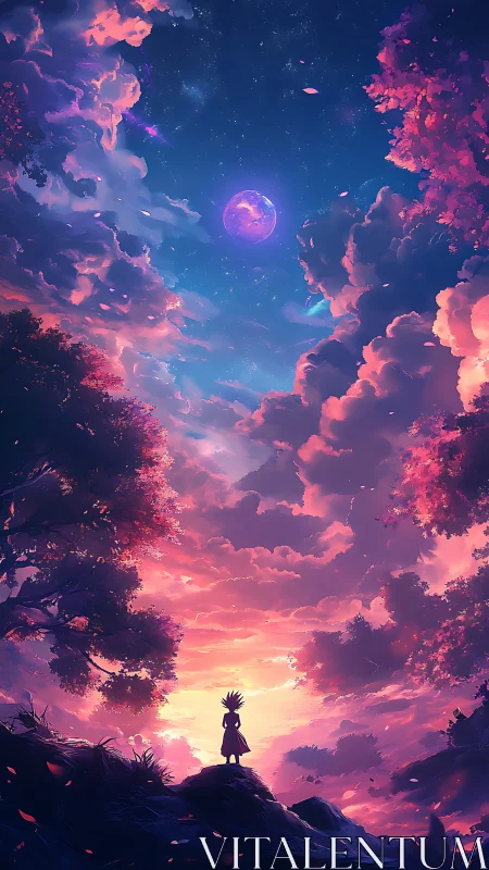 Silhouetted figure observes luminous clouds and distant planet