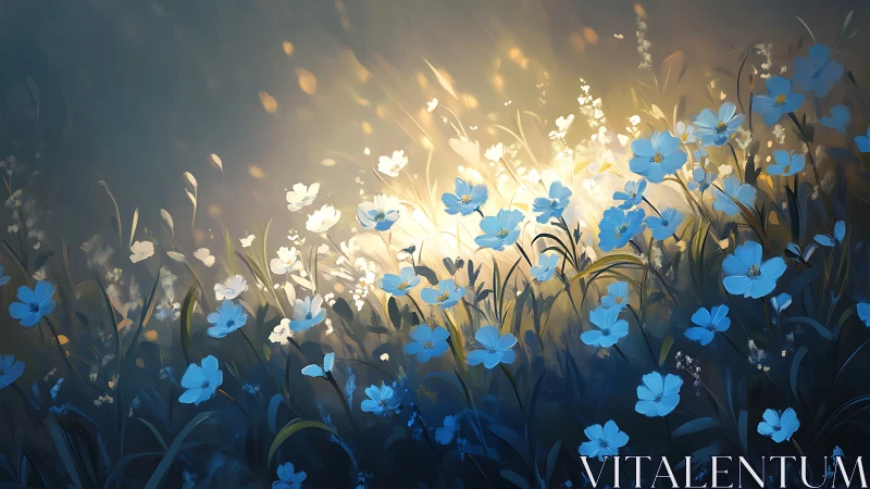 Dreamy Garden of Glowing Blue and White Flowers