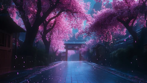 Digital painting of misty cherry blossom avenue at dusk.