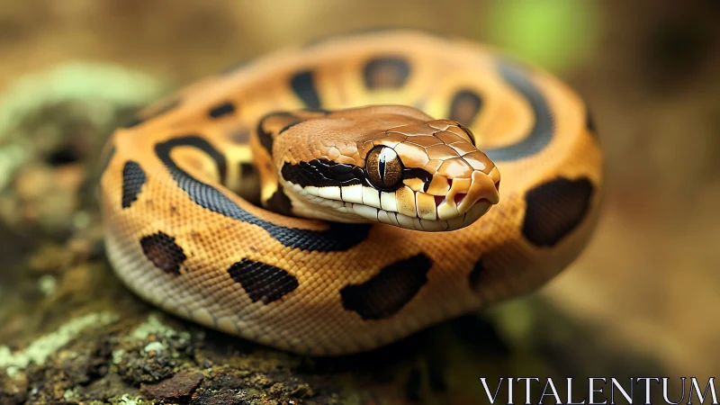 Photorealistic coiled python portrait with shallow focus rendering.