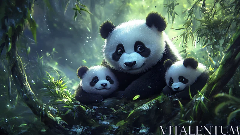 Digital painting of panda family in luminous bamboo forest.