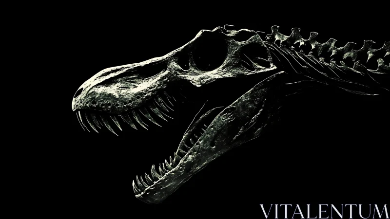 3D skeletal dinosaur profile in dramatic low-key chiaroscuro.
