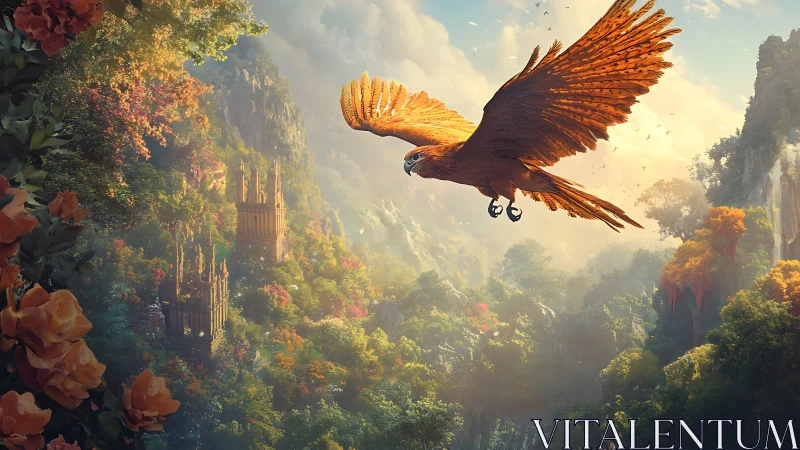 Golden phoenix gliding over a lush, enchanted valley.