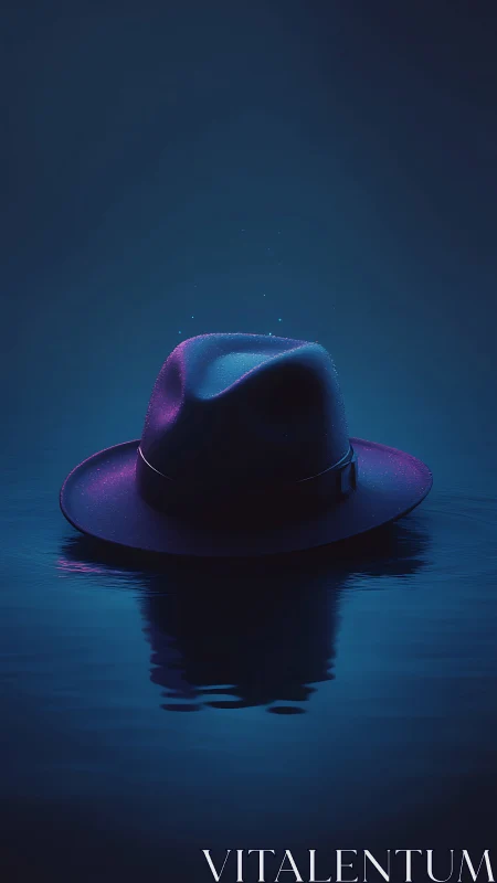 Solitary fedora floats in neon-tinted midnight water