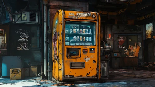 Industrial neon vending module in derelict service bay.