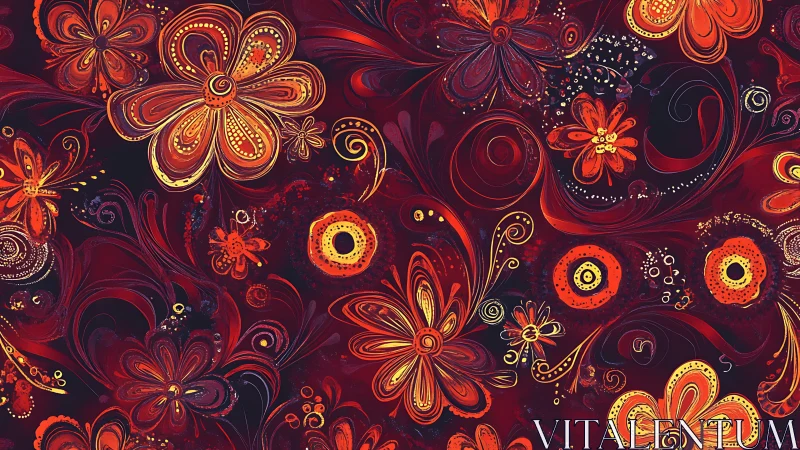 Crimson Floral Ornament: Golden Blooms Against Dark Burgundy Canvas.