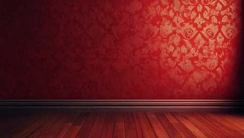 Red damask wall and wooden floor form elegant interior scene.