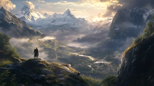 Lone wanderer overlooking vast misty alpine valley at dawn.