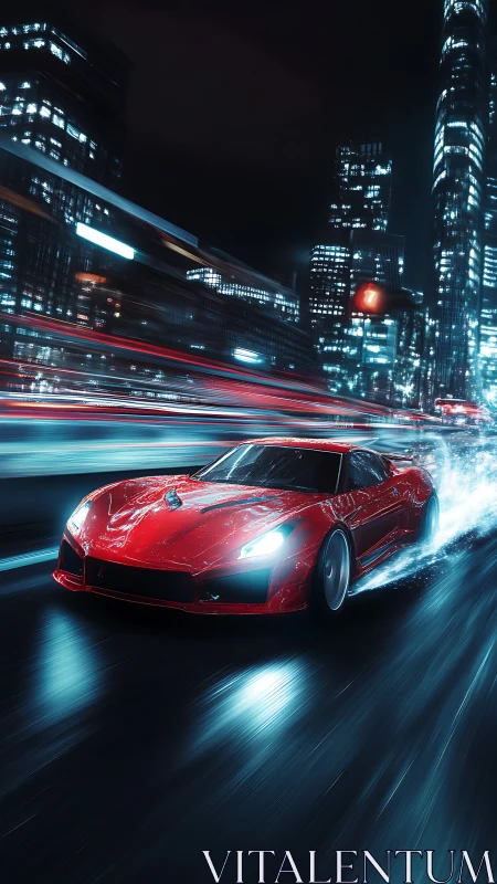 Scarlet supercar streaks through a neon lit midnight city
