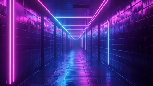 Neon-lit reflective corridor with magenta and cyan tube lighting