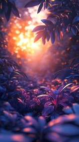 Bioluminescent forest under warm volumetric sunset backlight