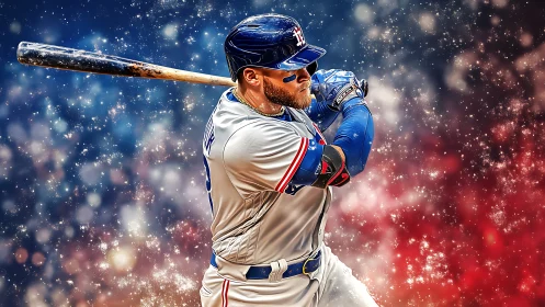 Baseball slugger swings bat amid dynamic bokeh energy