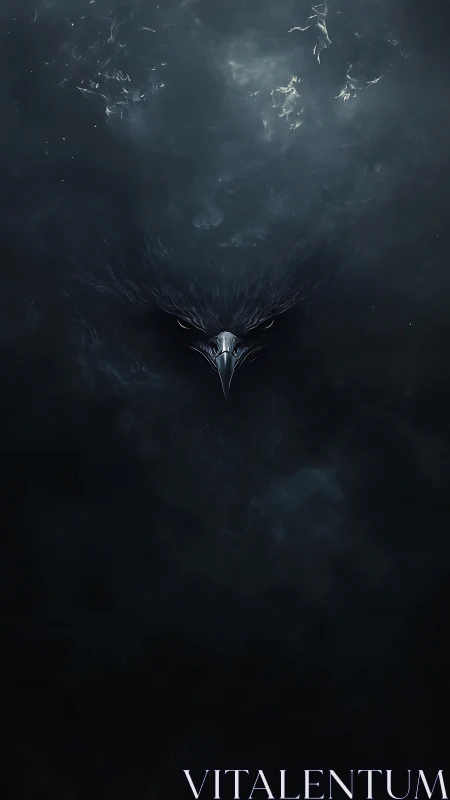 Dark raven beak emerging from swirling shadowed mist.