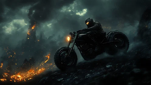 Volcanic storm pursuit with armored rider on tactical bike.