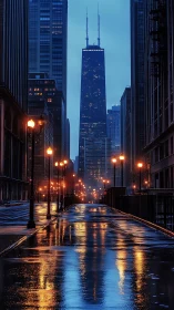 Rain-soaked city avenue mirrors glowing skyline at dusk