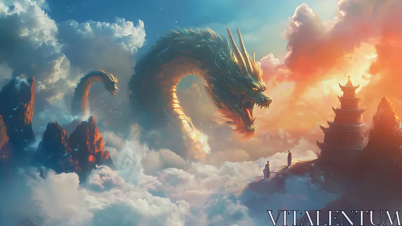 Sky-serpent roars above temple peaks in blazing dawn clouds.