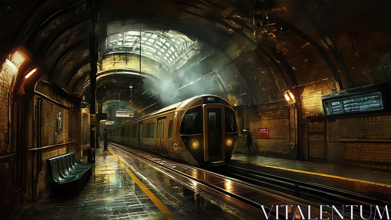 Subway train stands in dim, wet underground station tunnel