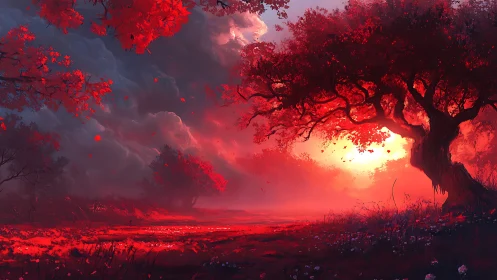 Red forest sunset with dramatic glowing sky and trees.