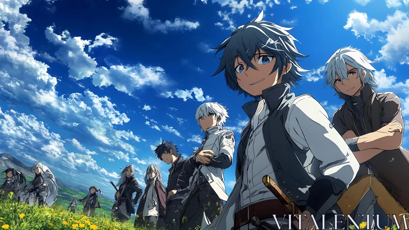 Anime swordsmen stand in flower field under vivid blue sky