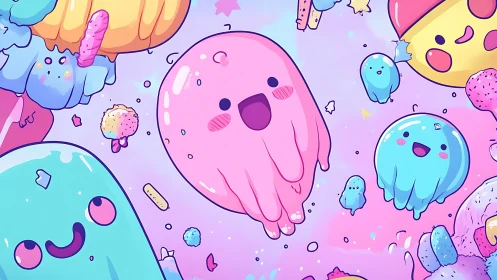 Charming Pastel Creatures Float in a Whimsical Dreamscape