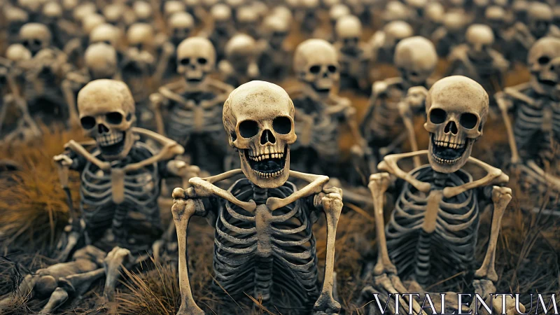 Endless skeleton army rising from dry autumn field.