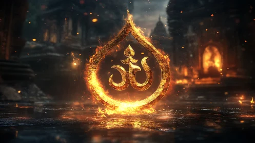 Radiant golden Om symbol glowing in a sacred fiery temple.