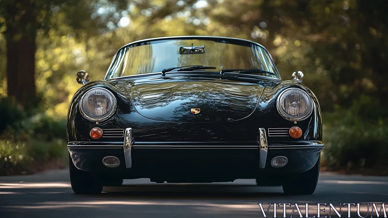 Classic black Porsche coupe stands on shaded forest road