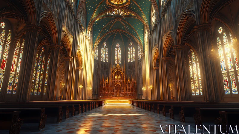 Ray-traced Gothic cathedral nave with volumetric stained-glass lighting