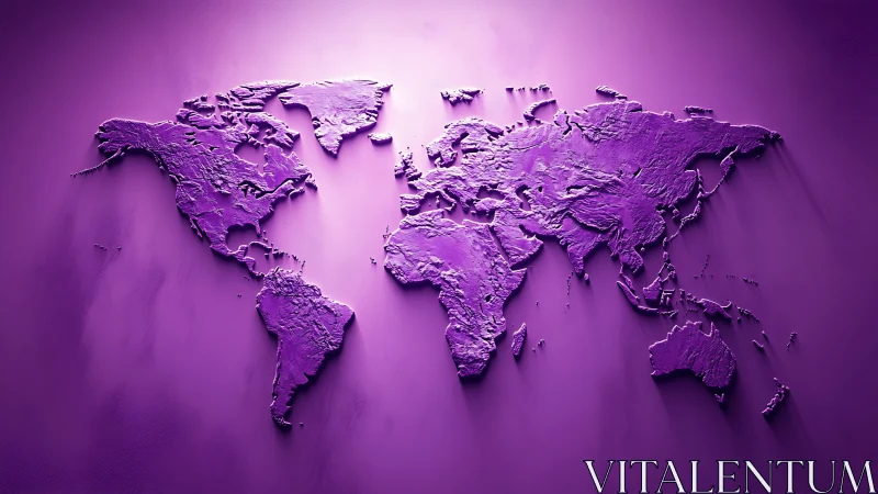 Embossed world map relief rendered in monochrome violet light