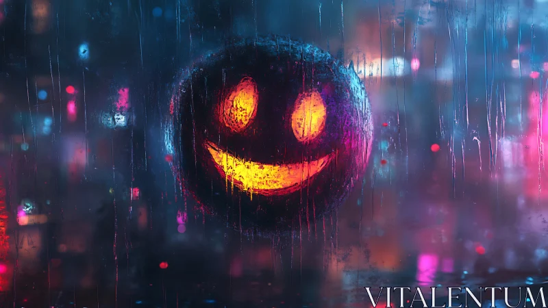 Neon smiley face glows through rain‑streaked glass in cyberpunk city