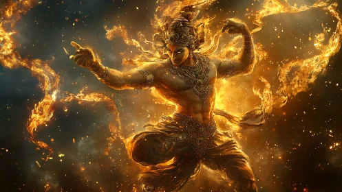 Divine fire warrior in dynamic celestial inferno stance.