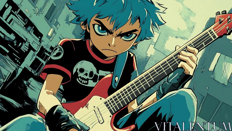Blue haired teen guitarist in urban anime scene.