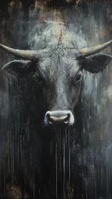 Textural frontal bull portrait with dripping impasto field.