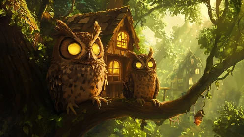 Digital painting of luminous owls on arboreal cottage terrace.