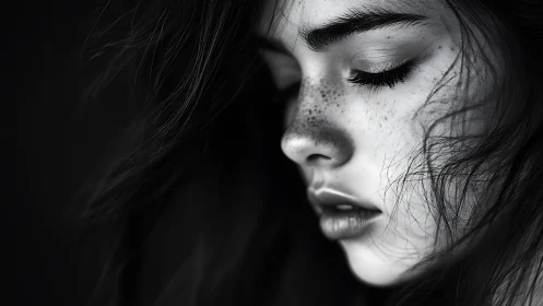 Monochrome close-up portrait in dramatic side profile lighting.