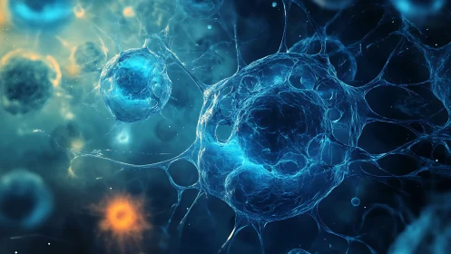 Glowing blue cells drift gently in a luminous cosmic web