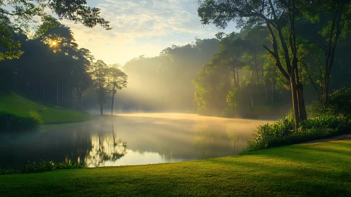 Serene misty lakeside at sunrise with glowing forest reflections.