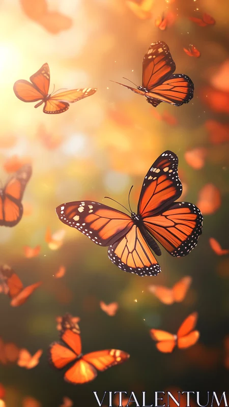 Monarch butterflies drifting through sunlit autumn air.